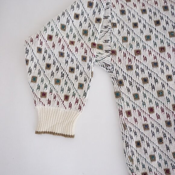VTG Expressions Ivory Cotton Patterned Knit Retro Cabincore Eclectic Sweater L - Picture 7 of 12